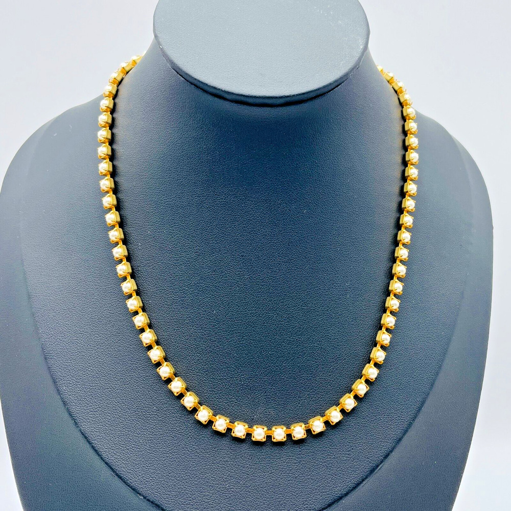 Vintage Emmons Gold Tone Cup Chain Prong Set Imitation Pearl 16” Necklace Signed